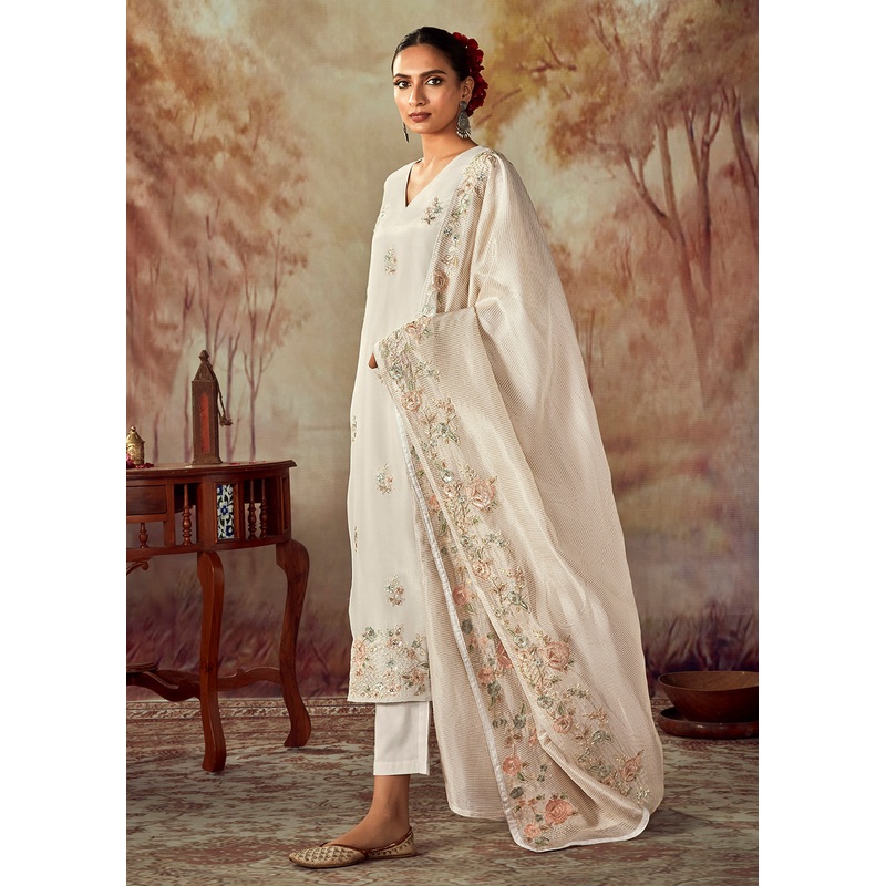 Pearl White Russian Silk Embroidered Pant Style Salwar Kurta