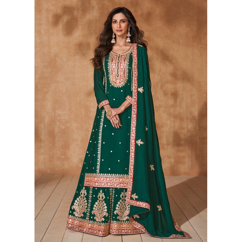 Pine Green Premium Silk Designer Palazzo Style Suit