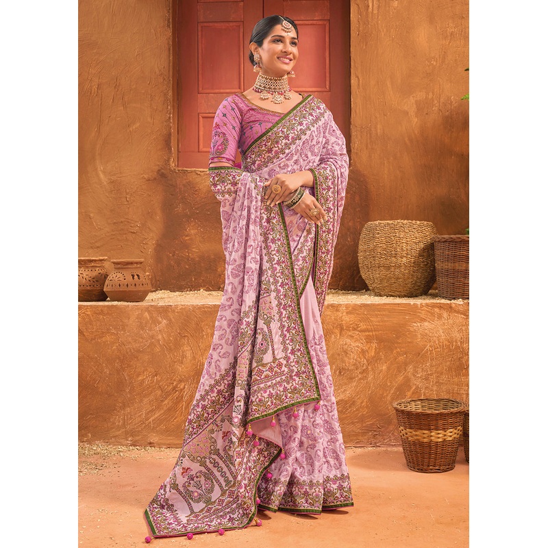 Pink Hand Work Embroidered Traditional Banarasi Silk Saree