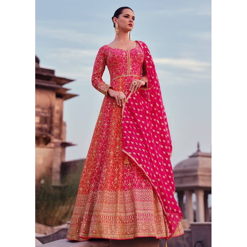 Pink & Orange Heavy Georgette Floor Length Anarkali Gown