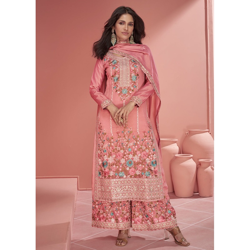 Pink Organza Simar Silk Embroidered Palazzo Style Suit