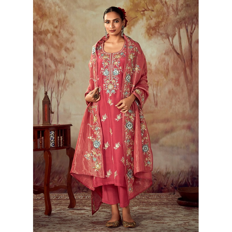 Pink Russian Silk Embroidered Pant Style Salwar Kurta