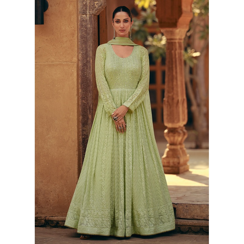 Pista Green Real Georgette Embroidered Anarkali Gown