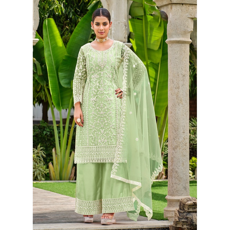 Pista Green Stone & Cording Work Festive Palazzo Suit
