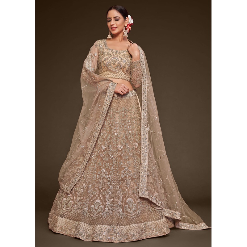 Pretty Beige Embroidered Soft Net Wedding Lehenga Choli