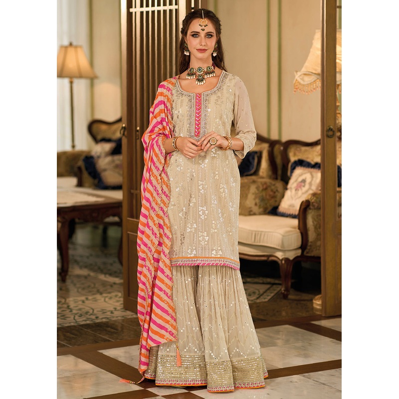 Pretty Beige Khatli Embroidered Gharara Style Dress