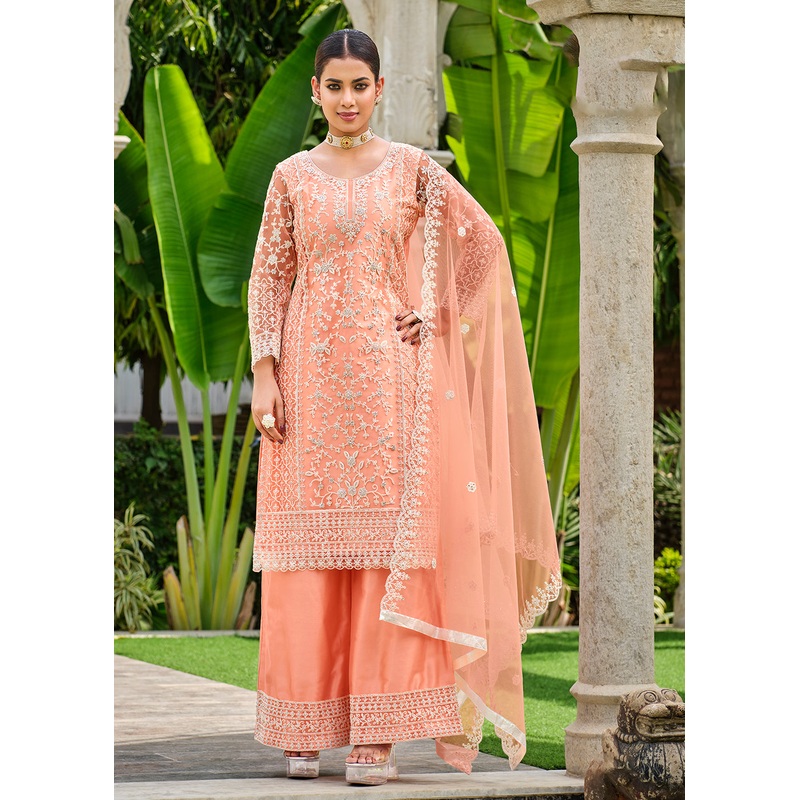 Pretty Peach Stone & Cording Work Festive Palazzo Suit