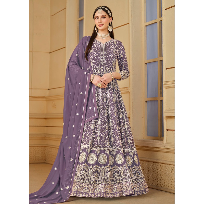 Pretty Purple Thread & Sequins Georgette Anarkali Suit