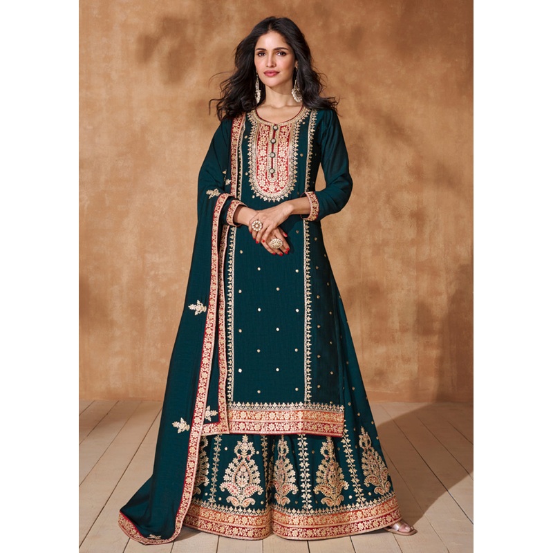 Prussian Blue Premium Silk Designer Palazzo Style Suit