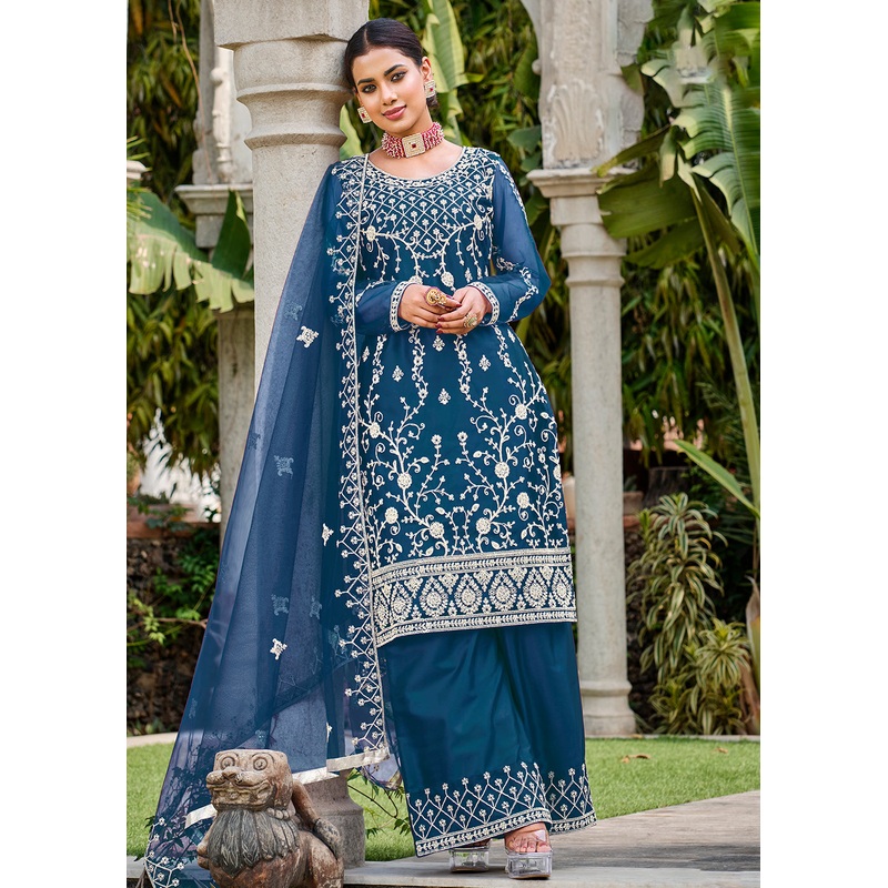 Prussian Blue Stone & Cording Work Festive Palazzo Suit