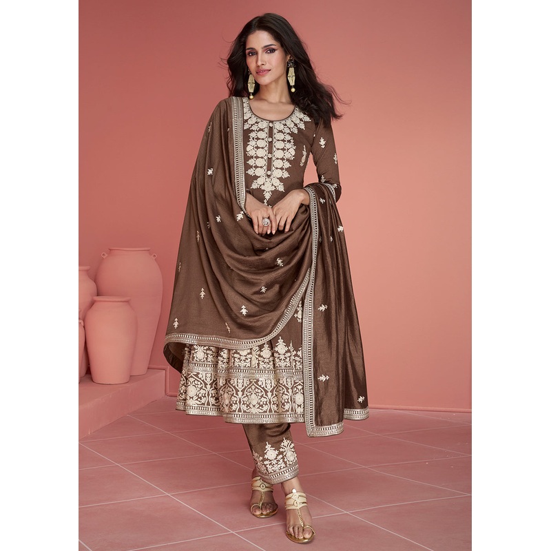 Punjabi Style Silk Embroidered Salwar Suit in Brown