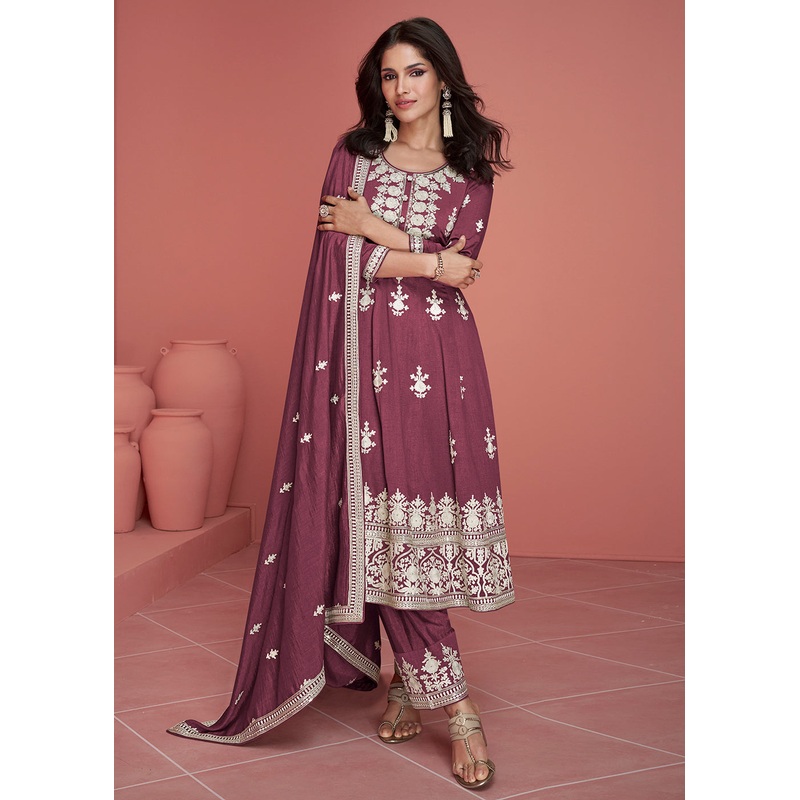 Punjabi Style Silk Embroidered Salwar Suit in Dusky Purple