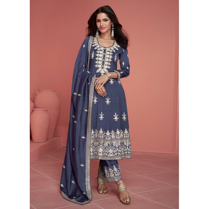 Punjabi Style Silk Embroidered Salwar Suit in Lavender Blue