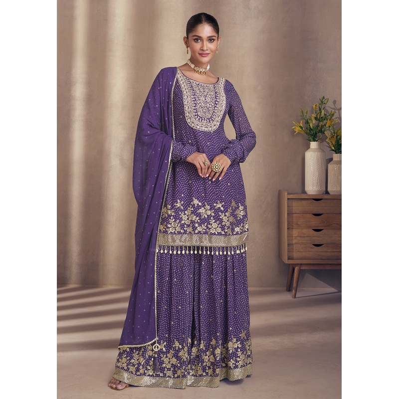 Purple Embroidered Georgette Designer Sharara Suit