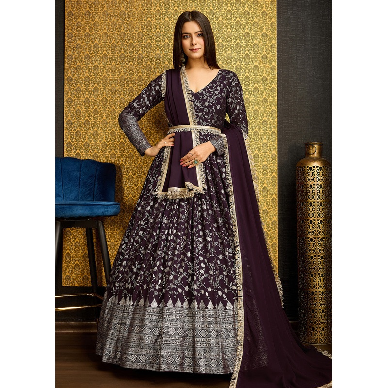Purple Metalic Foil Work Embroidered Wedding Wear Gown