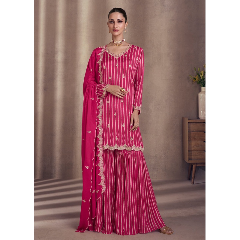 Rani Pink Embroidered Chinnon Silk Designer Sharara Suit