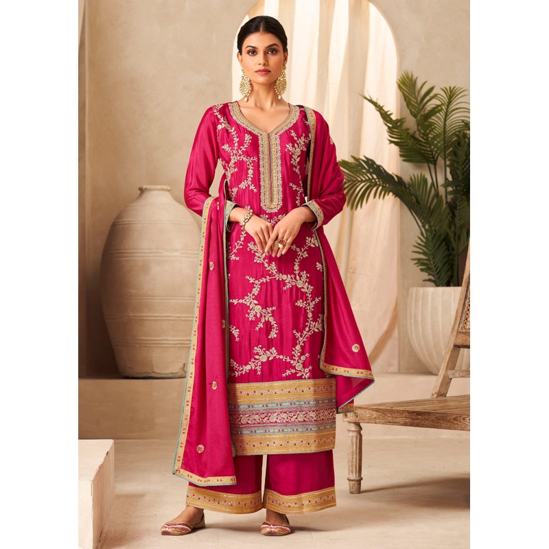 Rani Pink Heavy Chinnon Wedding Festive Salwar Suit