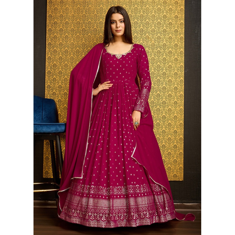 Rani Pink Metalic Foil Work Embroidered Wedding Wear Gown
