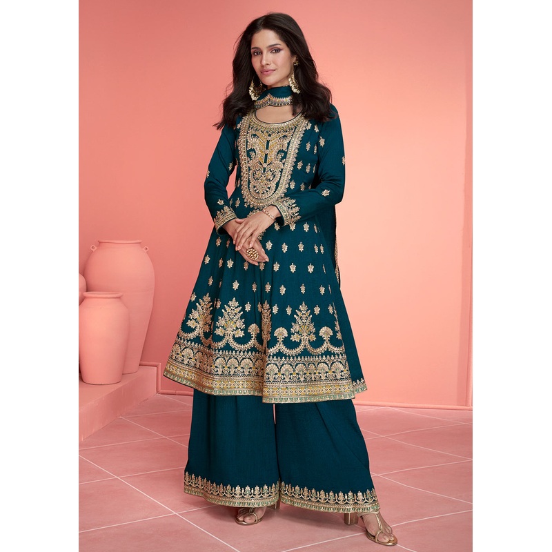 Resham Thread Embroidered Blue Festive Palazzo Suit
