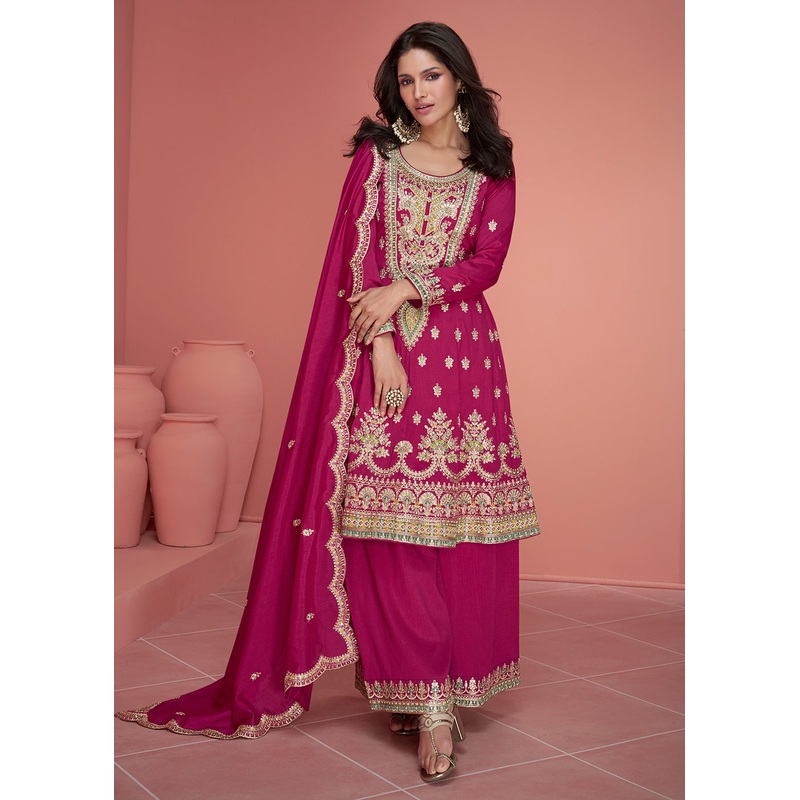 Resham Thread Embroidered Pink Festive Palazzo Suit