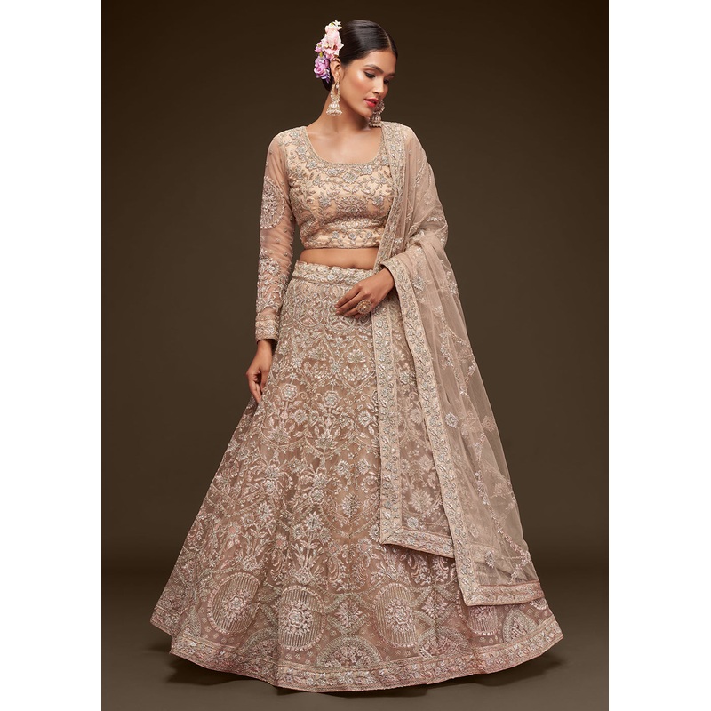 Royal Beige Embroidered Soft Net Wedding Lehenga Choli