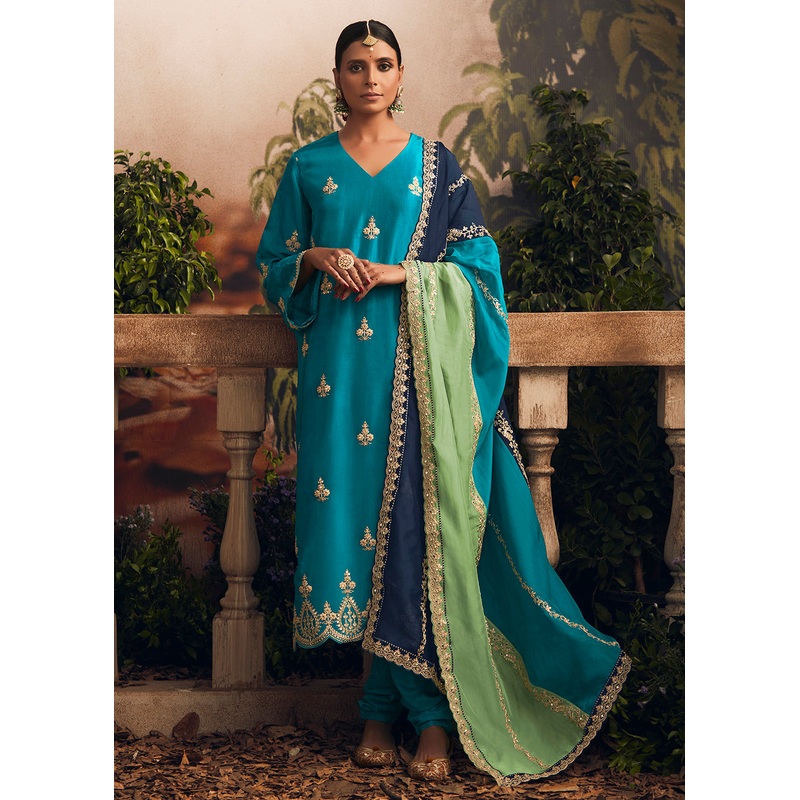 Silk Modale Aqua Blue Embroidered Festive Salwar Suit