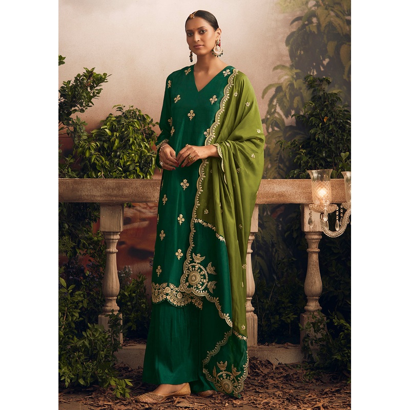 Silk Modale Dark Green Embroidered Festive Palazzo Suit