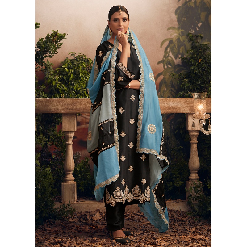 Silk Modale Jet Black Embroidered Festive Salwar Suit