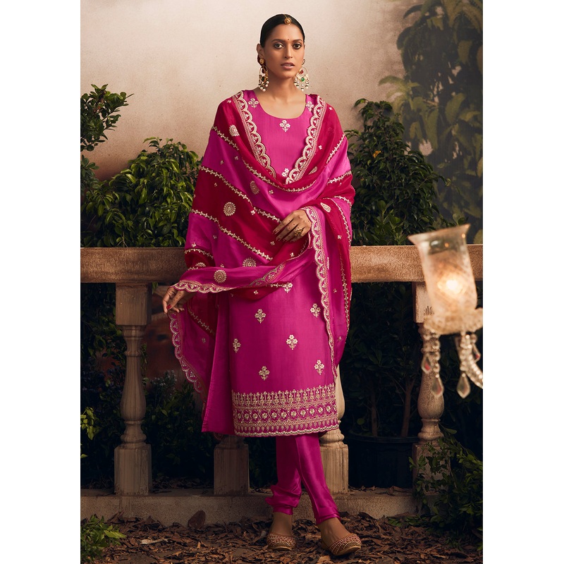 Silk Modale Magenta Pink Embroidered Festive Salwar Suit