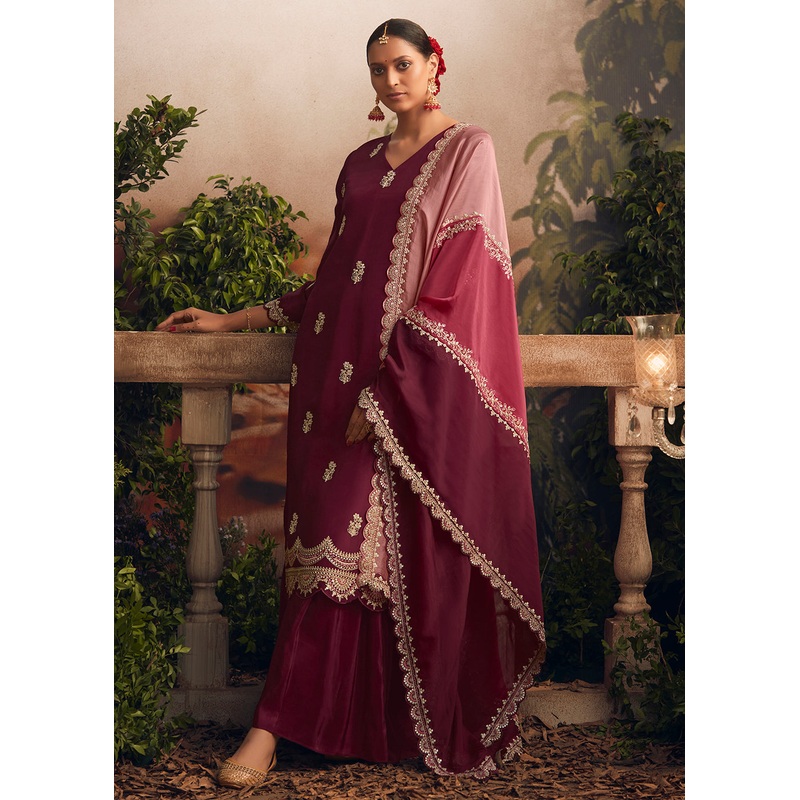Silk Modale Maroon Embroidered Festive Palazzo Suit
