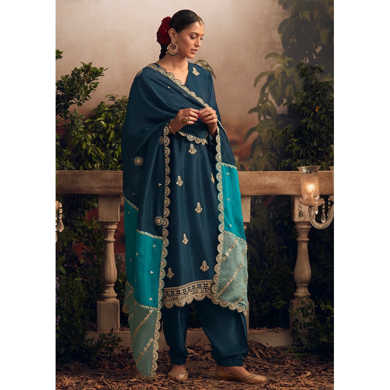 Silk Modale Teal Blue Embroidered Festive Salwar Suit