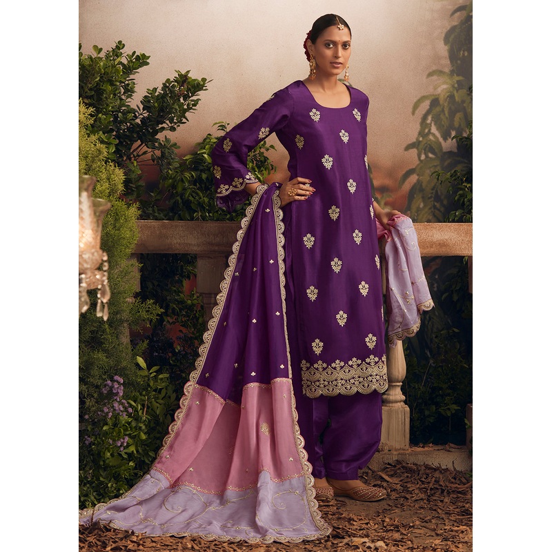 Silk Modale Violet Embroidered Festive Salwar Suit