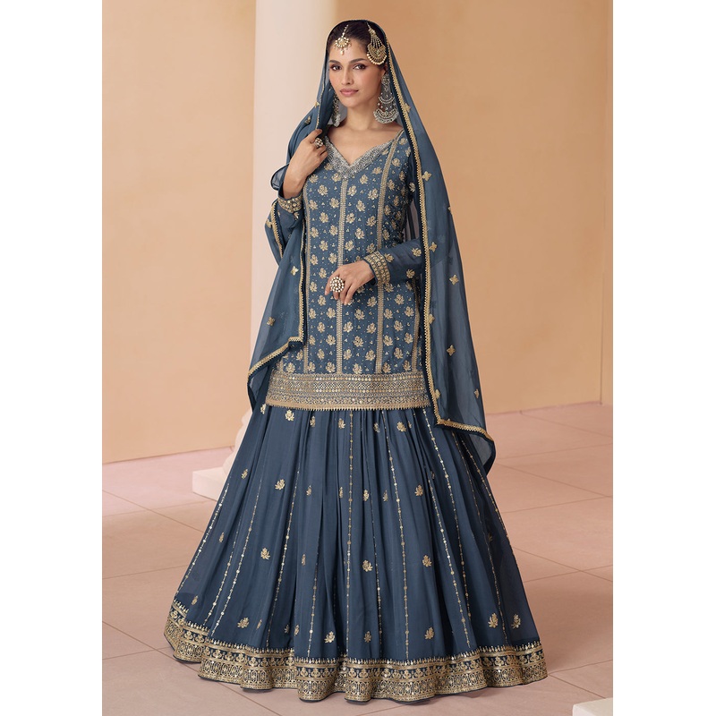 Steel Blue Embroidered Georgette Designer Lehenga Kurta