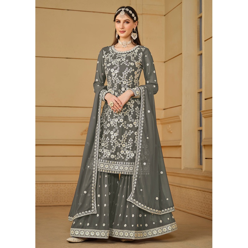 Stone Grey Embroidered Georgette Gharara Style Suit