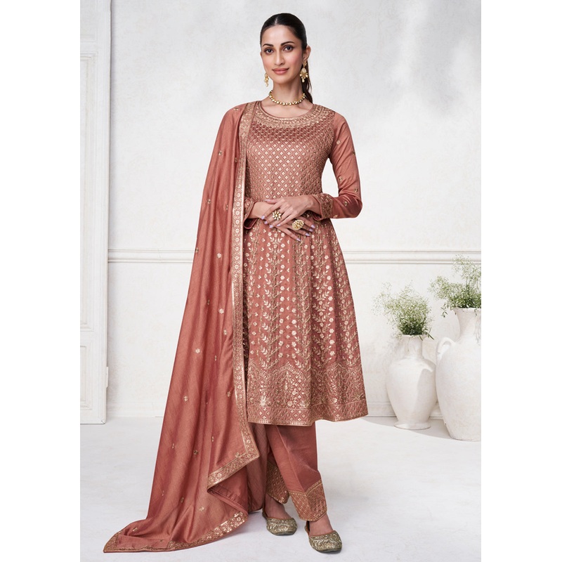 Tangy Brown Punjabi Style Silk Embroidered Salwar Suit