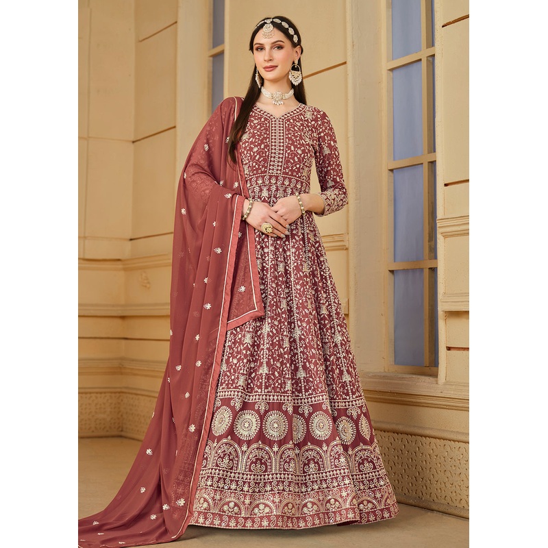 Tangy Brown Thread & Sequins Georgette Anarkali Suit