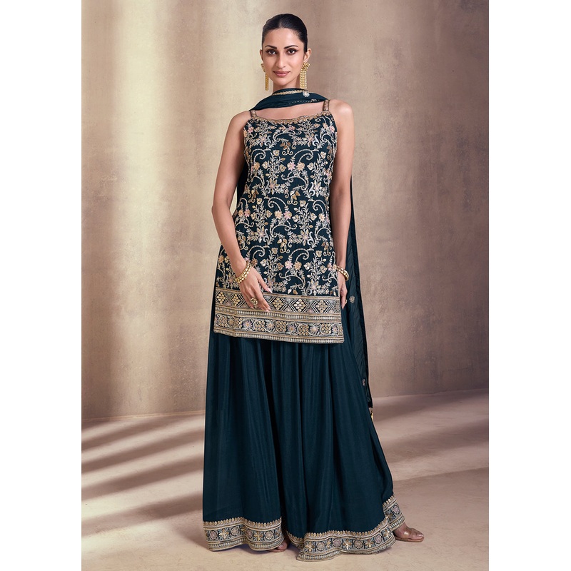 Teal Blue Embroidered Festive Sharara Style Suit