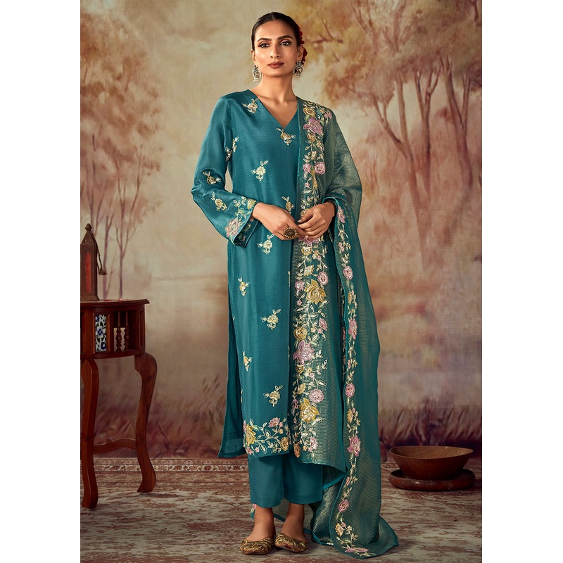 Teal Blue Russian Silk Embroidered Pant Style Salwar Kurta
