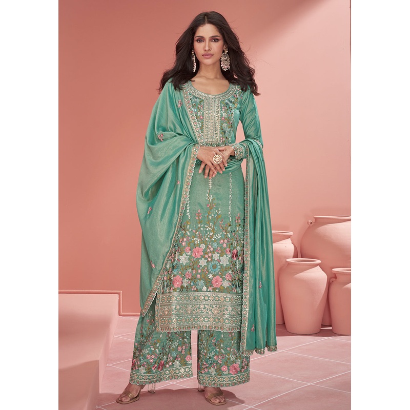 Teal Green Organza Simar Silk Embroidered Palazzo Style Suit