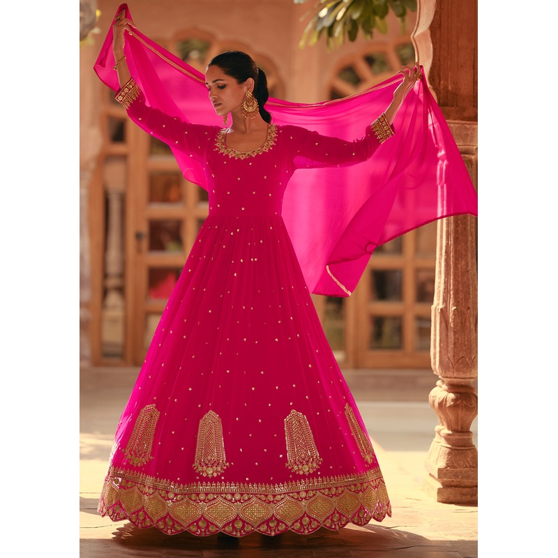 Tempting Pink Real Georgette Embroidered Anarkali Gown