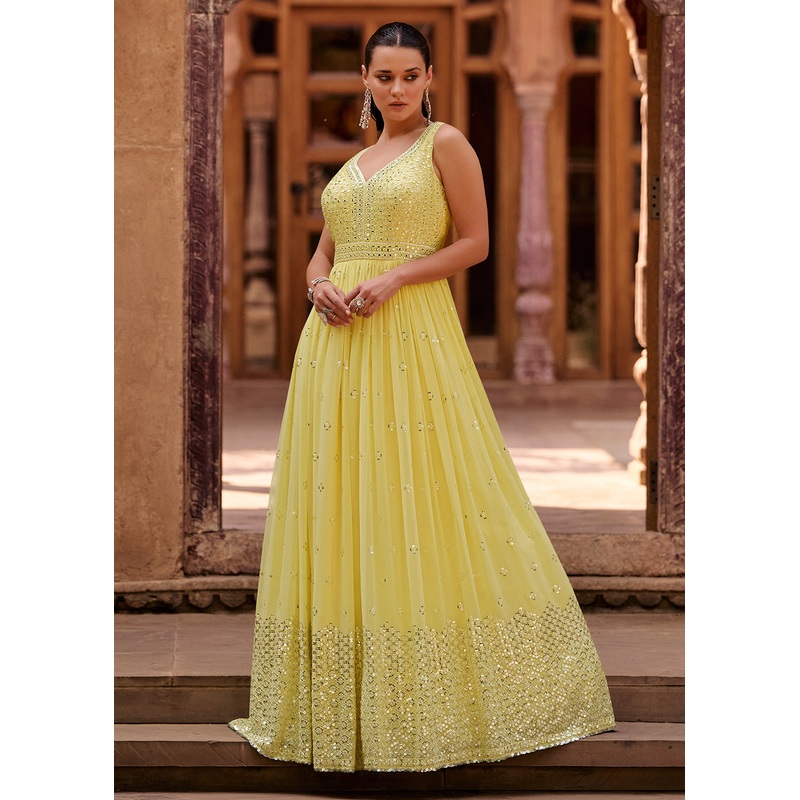 Tempting Yellow Real Georgette Embroidered Anarkali Gown