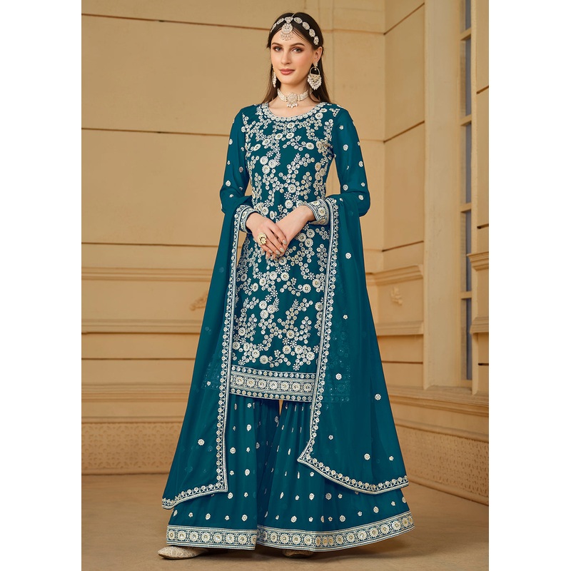Turquoise Blue Embroidered Georgette Gharara Style Suit