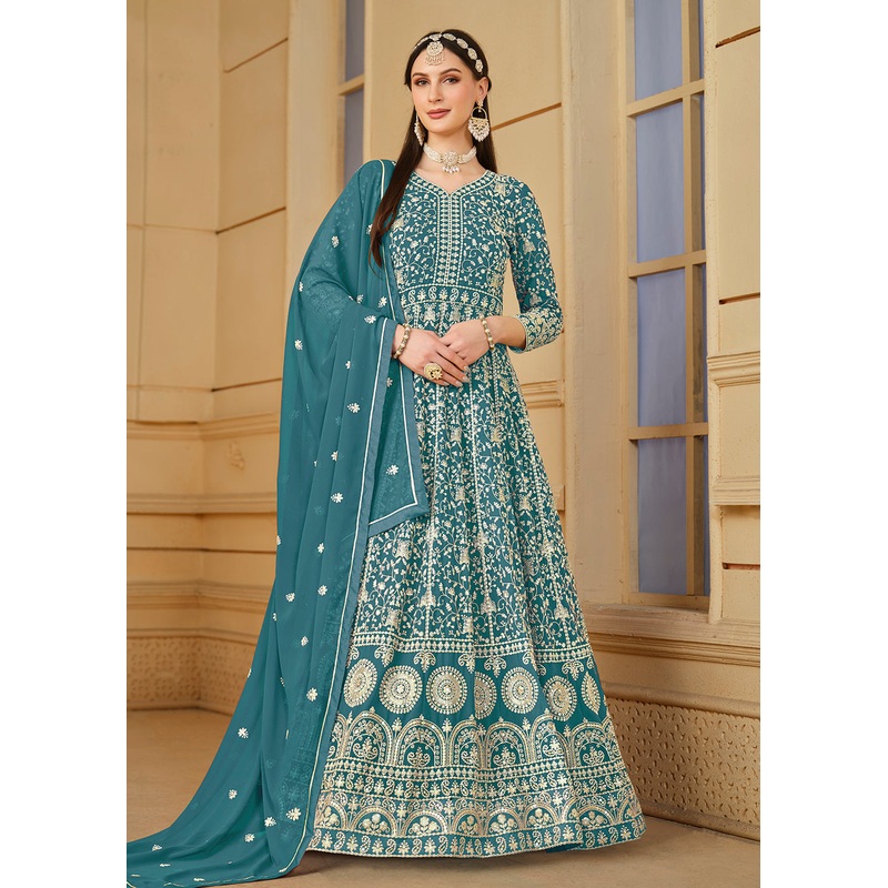 Turquoise Thread & Sequins Georgette Anarkali Suit