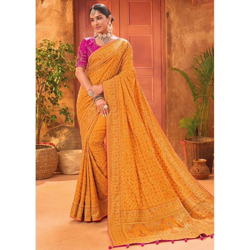 Yellow Hand Work Embroidered Traditional Banarasi Silk Saree