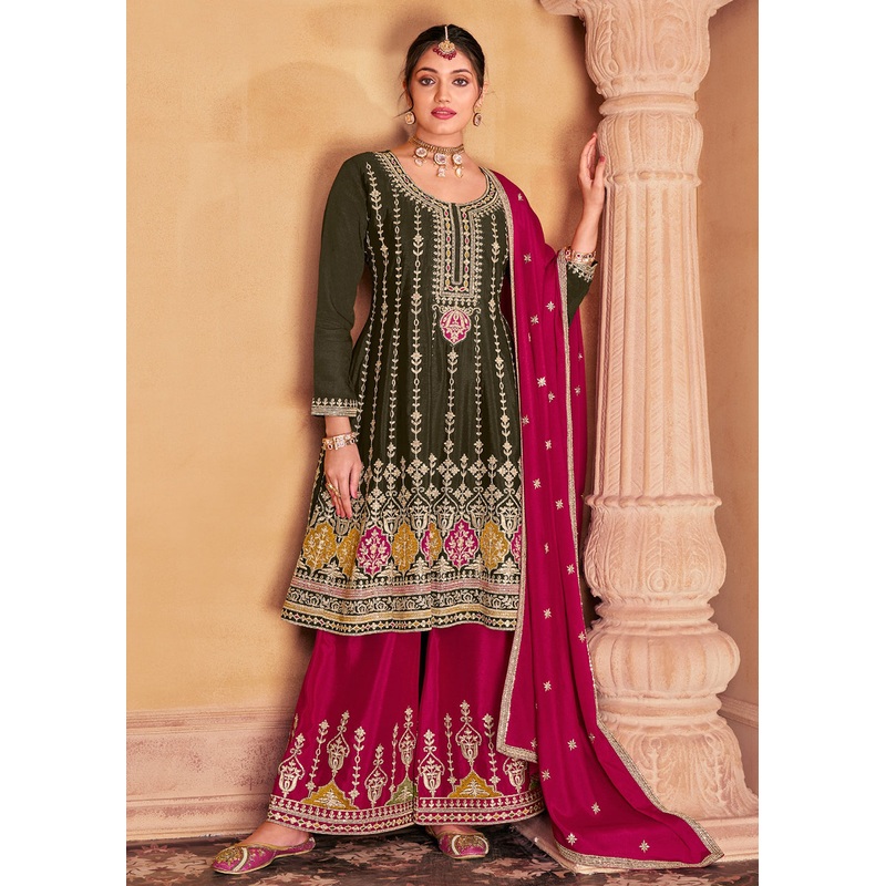 Amazing Green Heavy Chinnon Embroidered Palazzo Style Suit