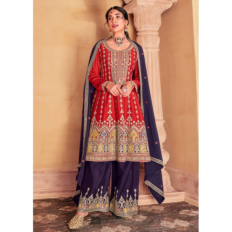 Amazing Red Heavy Chinnon Embroidered Palazzo Style Suit