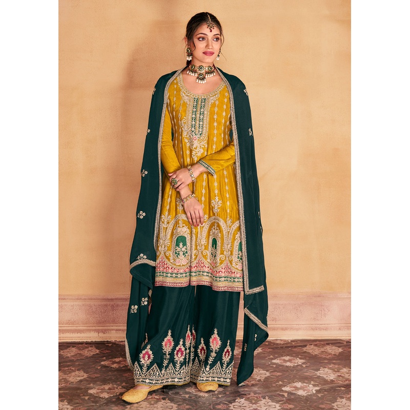 Amazing Yellow Heavy Chinnon Embroidered Palazzo Style Suit