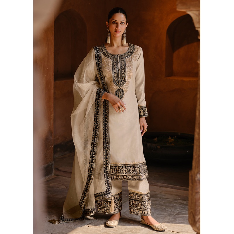 Appealing Cream Wedding Festive Embroidered Salwar Suit