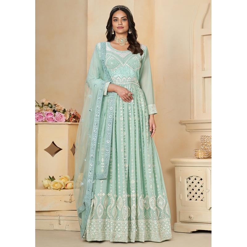 Aqua Blue Georgette Embroidered Wedding Anarkali Suit