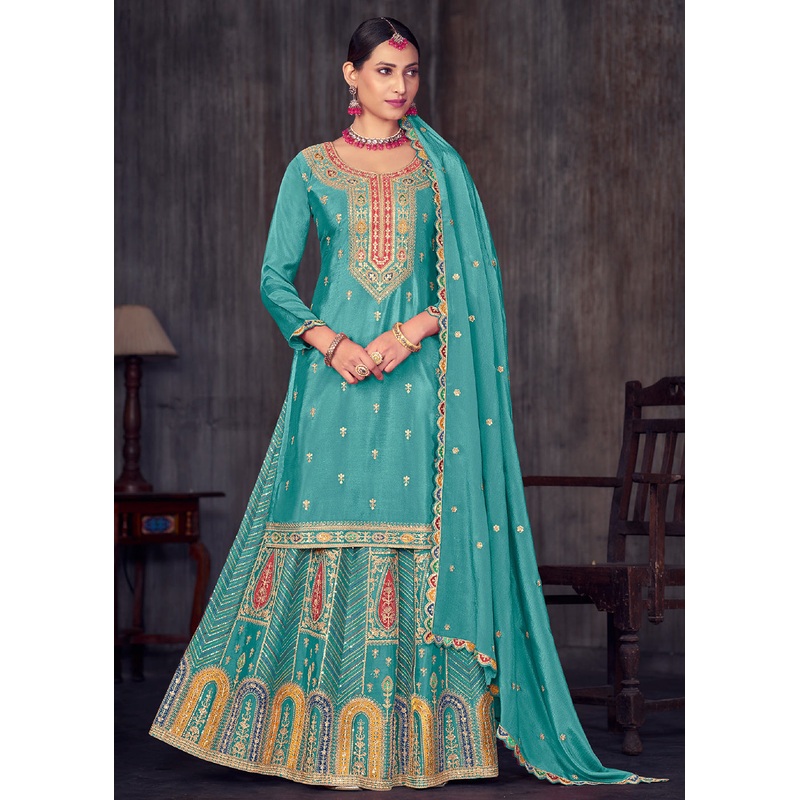 Aqua Blue Heavy Chinnon Embroidered Lehenga Kurta Suit